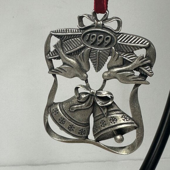 Pewter Christmas Tree Ornament 1999 Vintage AVON SEASON OF PEACE Doves Bells - Picture 1 of 5